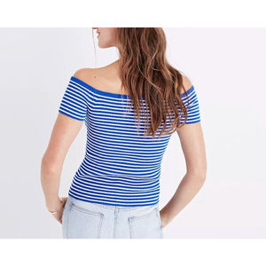 Madewell Off-the-Shoulder Sweater Top Blue White Stripes Sz S Ribbed Fitted EUC